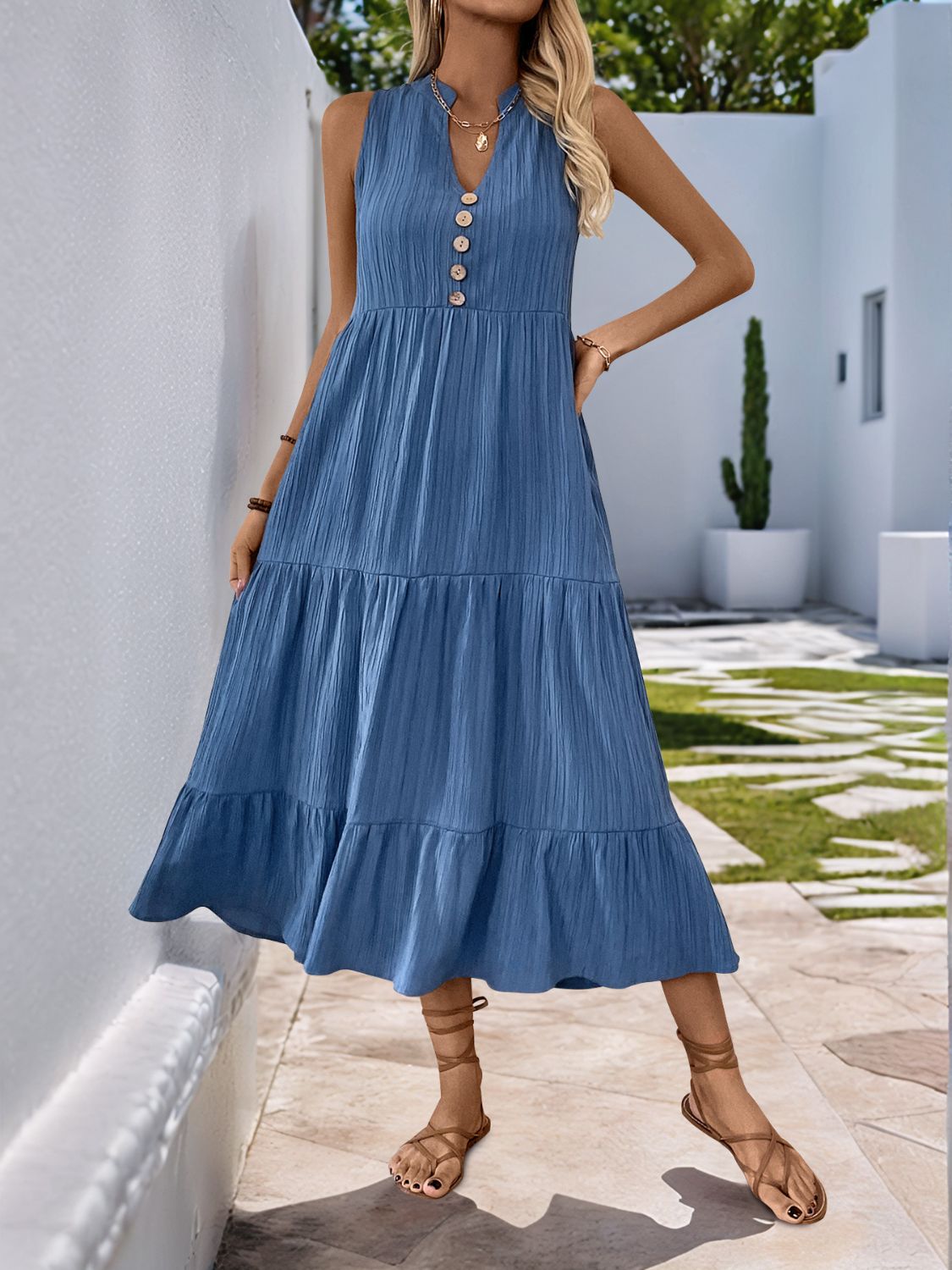 Perfee Decorative Button Notched Sleeveless Tiered Dress