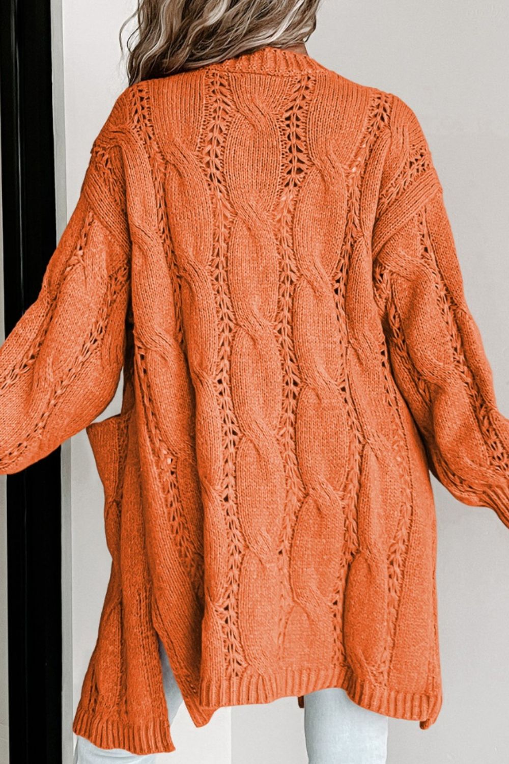 Cable-Knit Dropped Shoulder Slit Cardigan