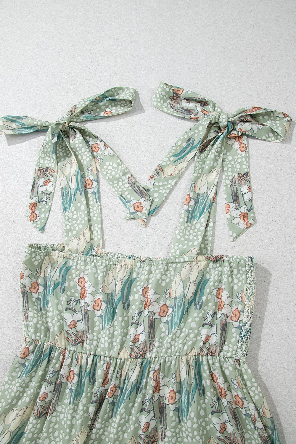 Smocked Printed Tie Shoulder Mini Cami Dress