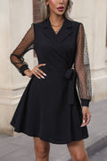 Perfee Lapel Collar Tied Mesh Long Sleeve Dress
