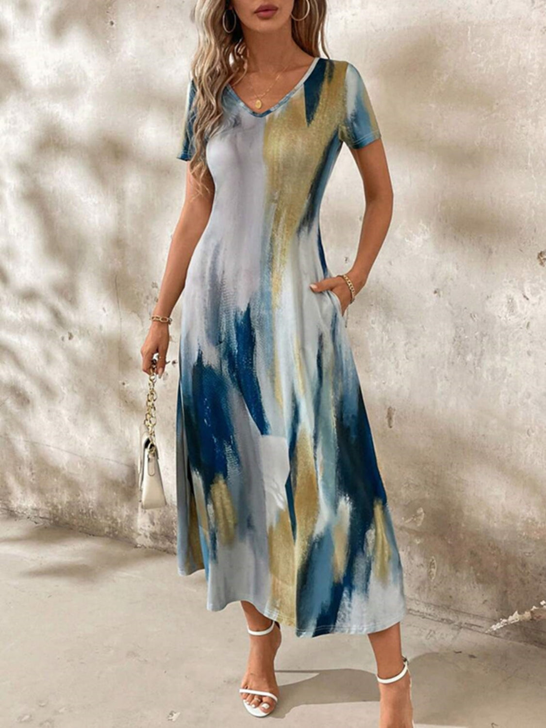 Tie-Dye V-Neck Short Sleeve Midi Tee Dress