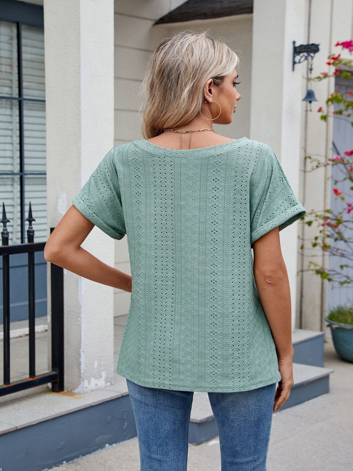 Eyelet Round Neck Short Sleeve Top