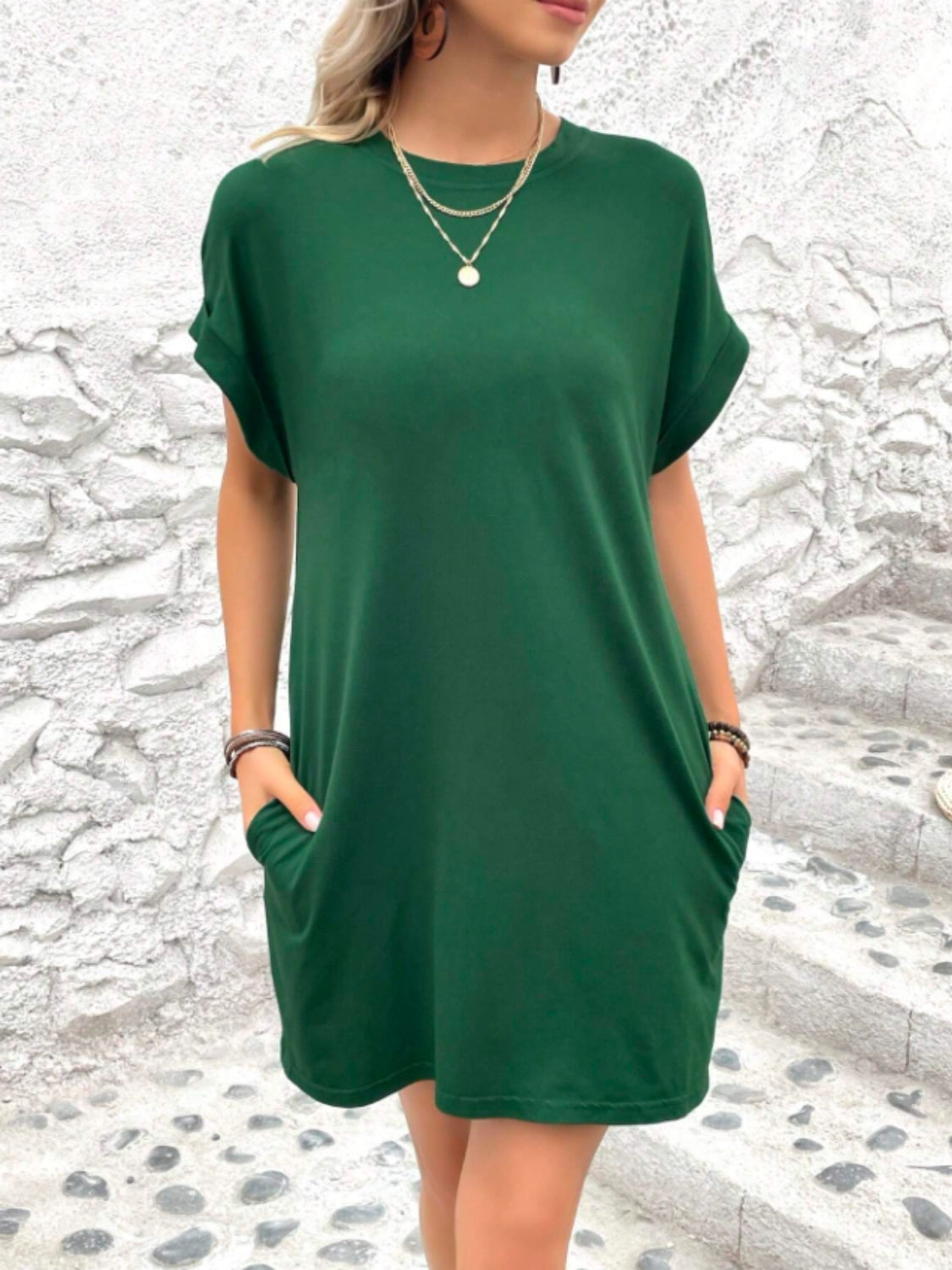 Round Neck Short Sleeve Mini Tee Dress with Pockets