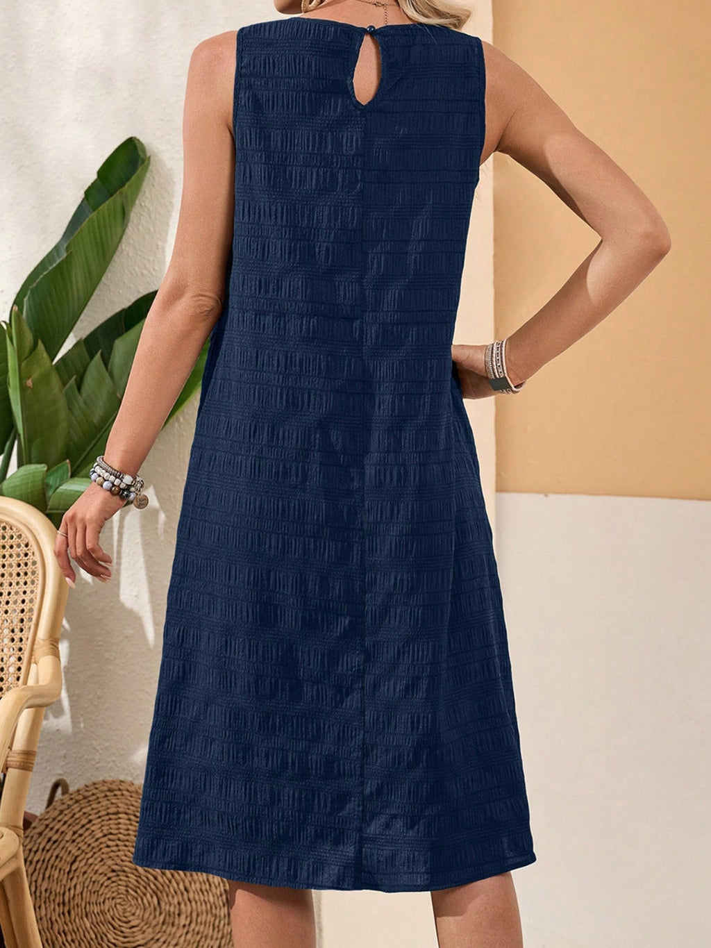 Ruffled Textured Round Neck Sleeveless Dress