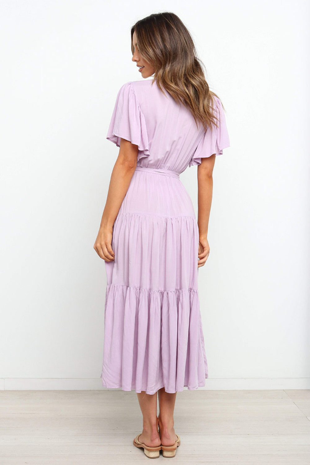 Tied Back Tiered Short Sleeve Midi Dress