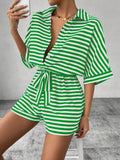 Tie Waist Half Button Striped Romper