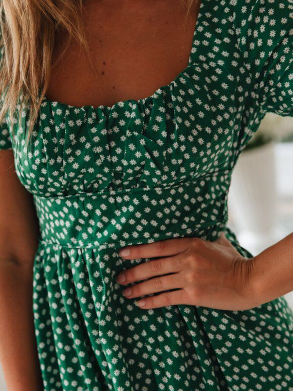 Printed Square Neck Short Sleeve Midi Dress