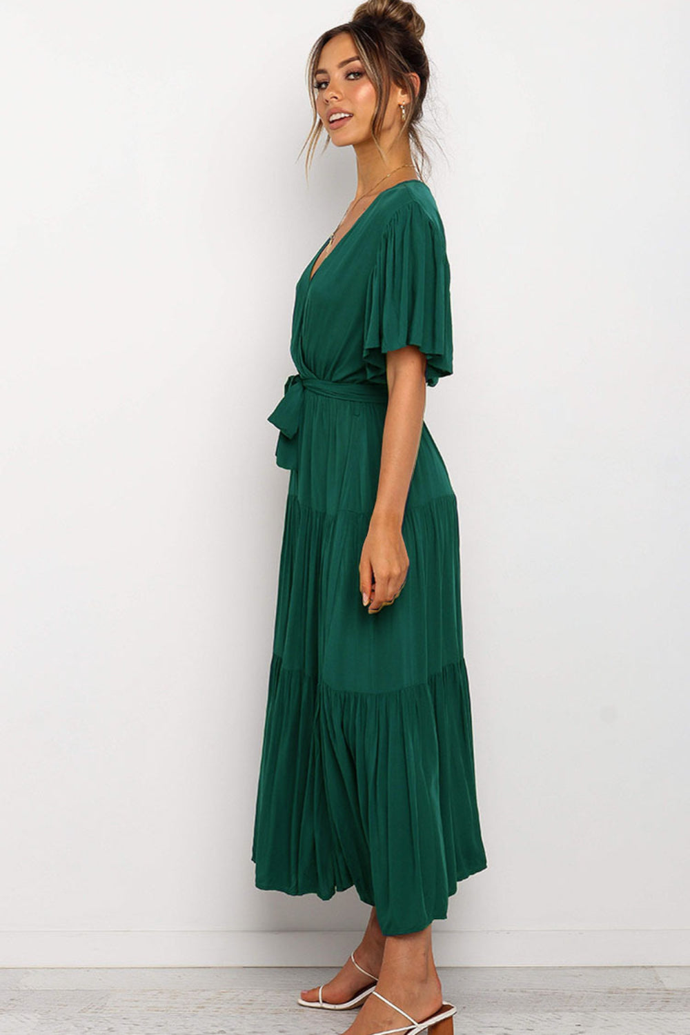 Front Tie Short Sleeve Tiered Midi Dress
