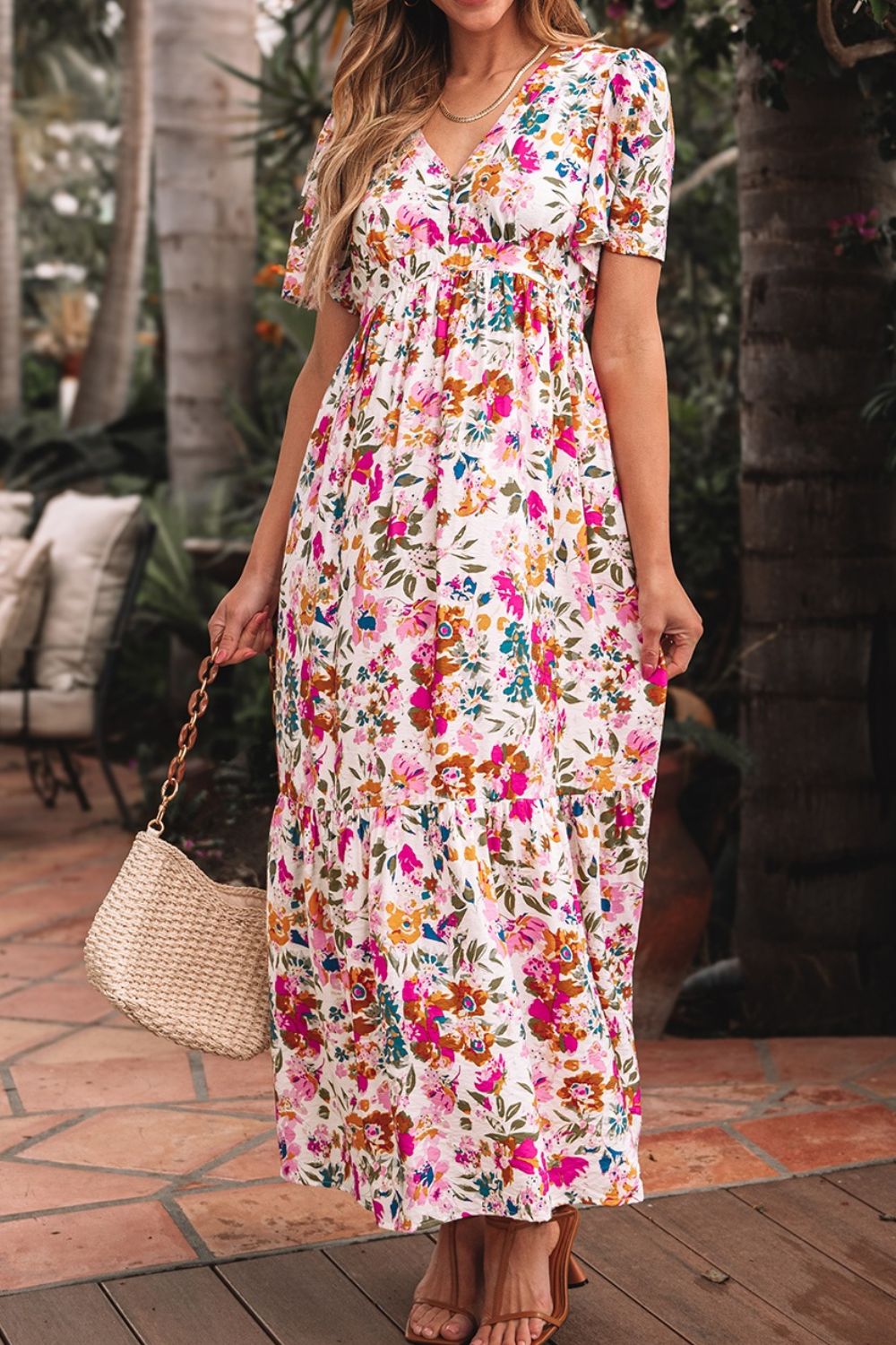 Floral Short Sleeve V Neck Dress with Pockets