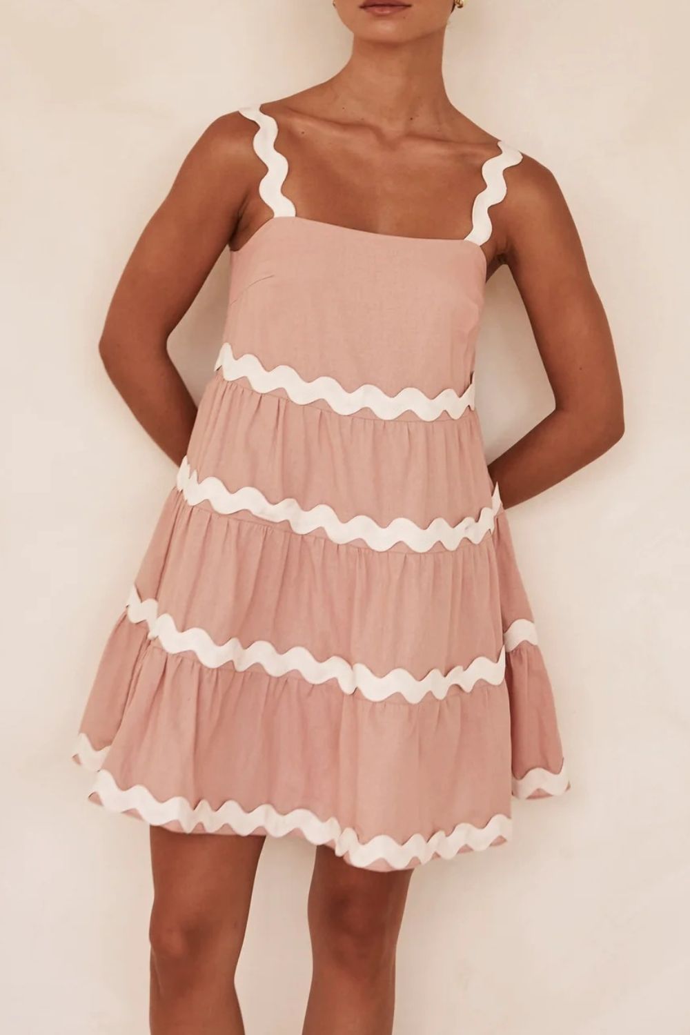 Contrast Trim Square Neck Tiered Dress