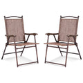Set of 2 Patio Folding Sling Back Camping Deck Chairs-Brown