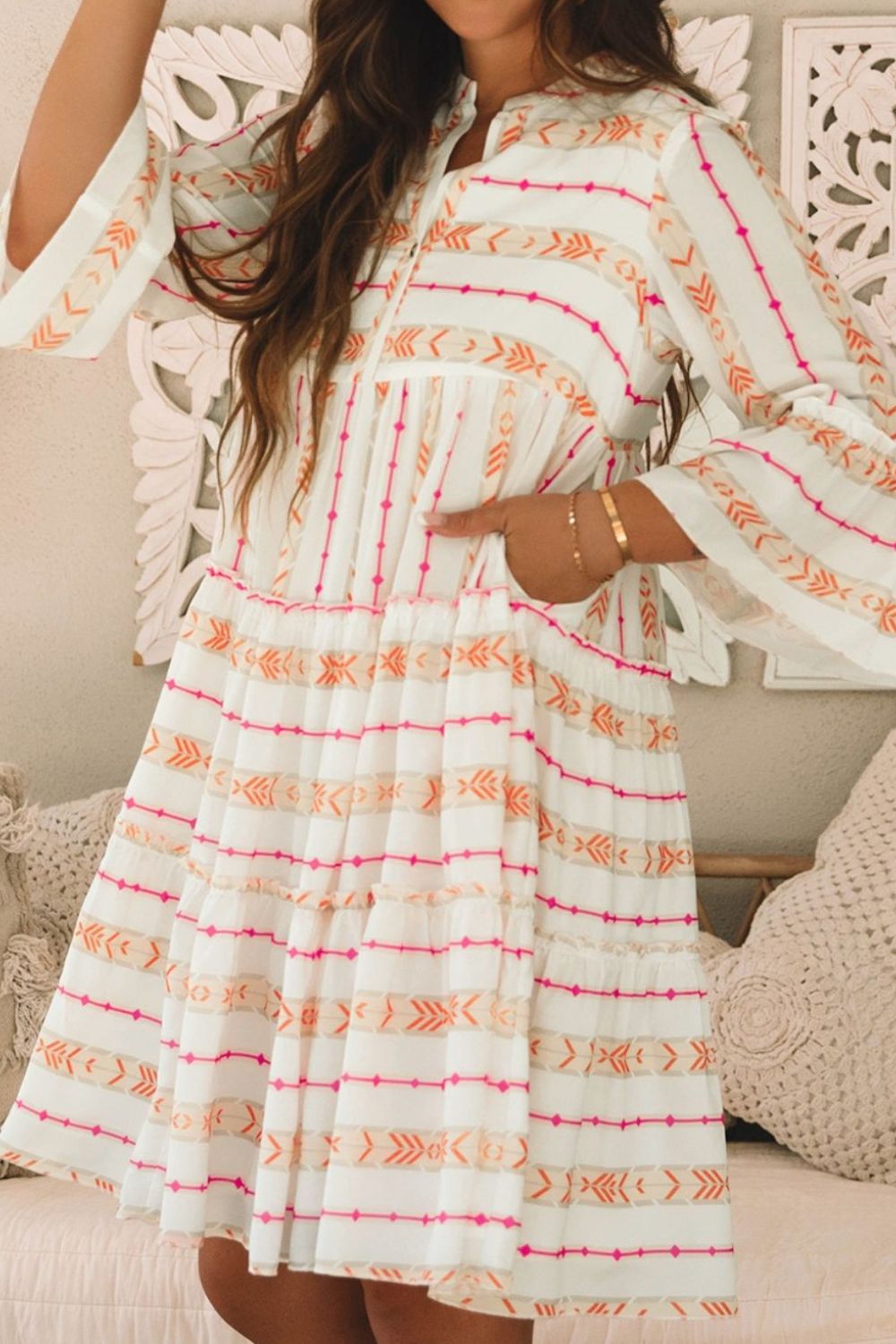Printed Ruffled Notched Loose Dress