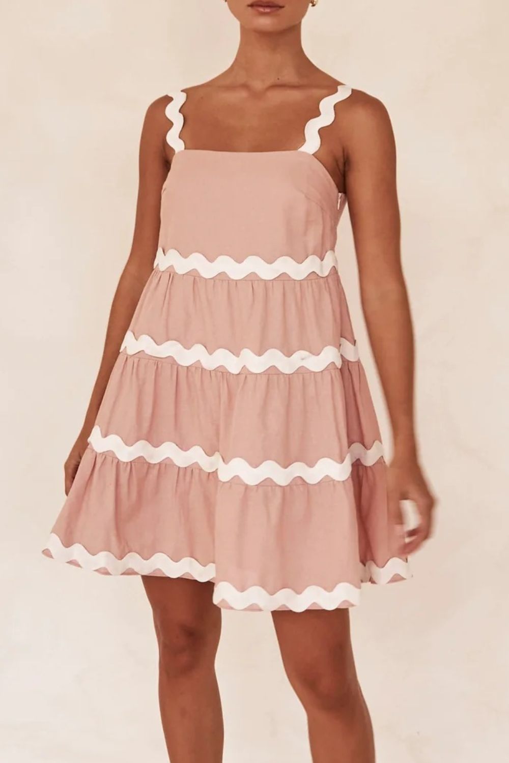 Contrast Trim Square Neck Tiered Dress
