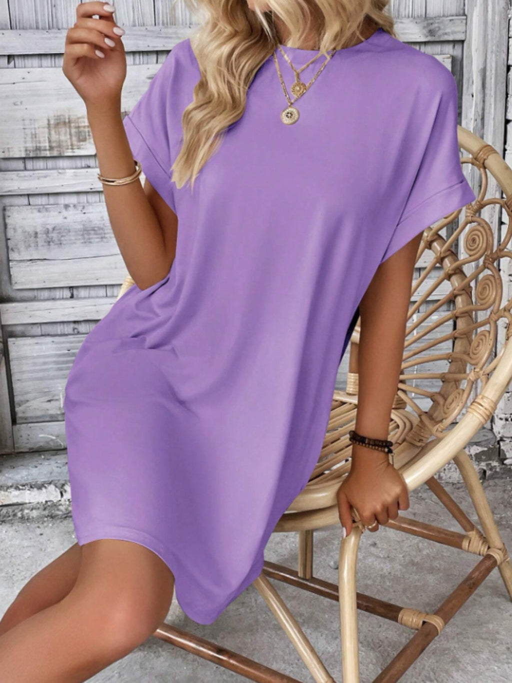 Round Neck Short Sleeve Mini Tee Dress with Pockets