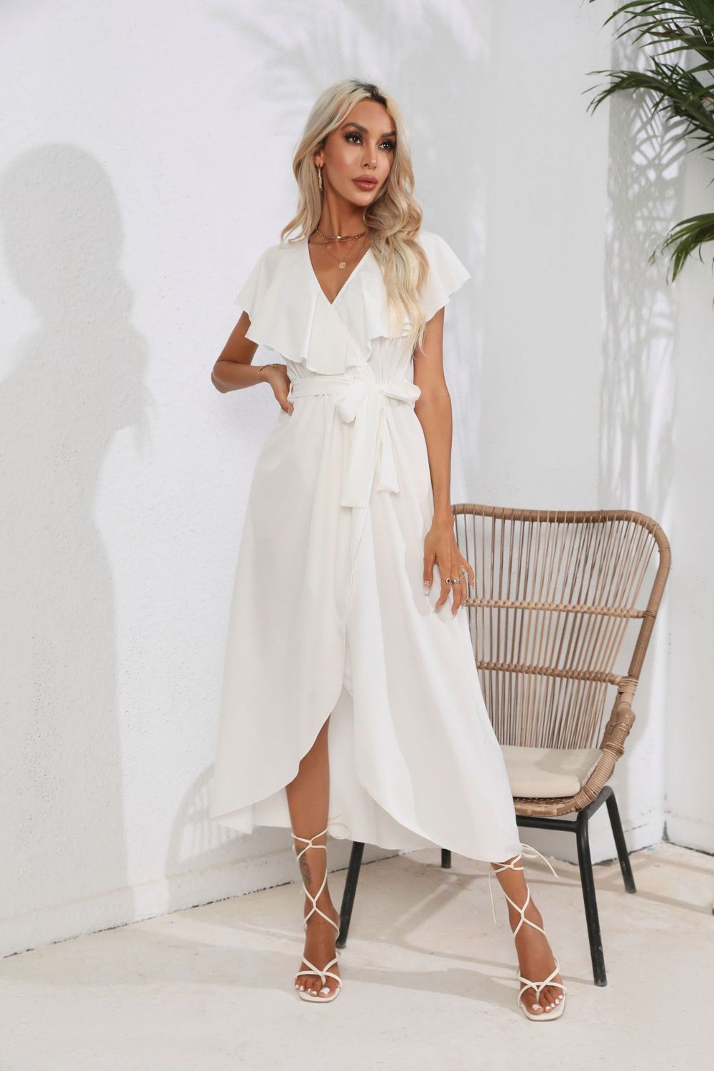 Tied Front Ruffled Short Sleeve Midi Dress