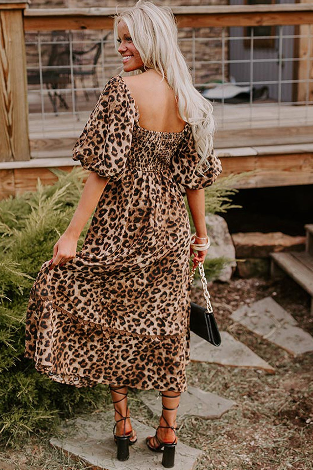 Leopard Square Neck Puff Sleeve Maxi Dress