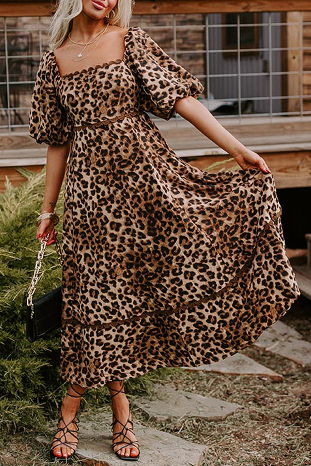 Leopard Square Neck Puff Sleeve Maxi Dress
