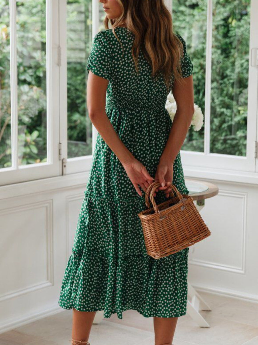 Printed Square Neck Short Sleeve Midi Dress