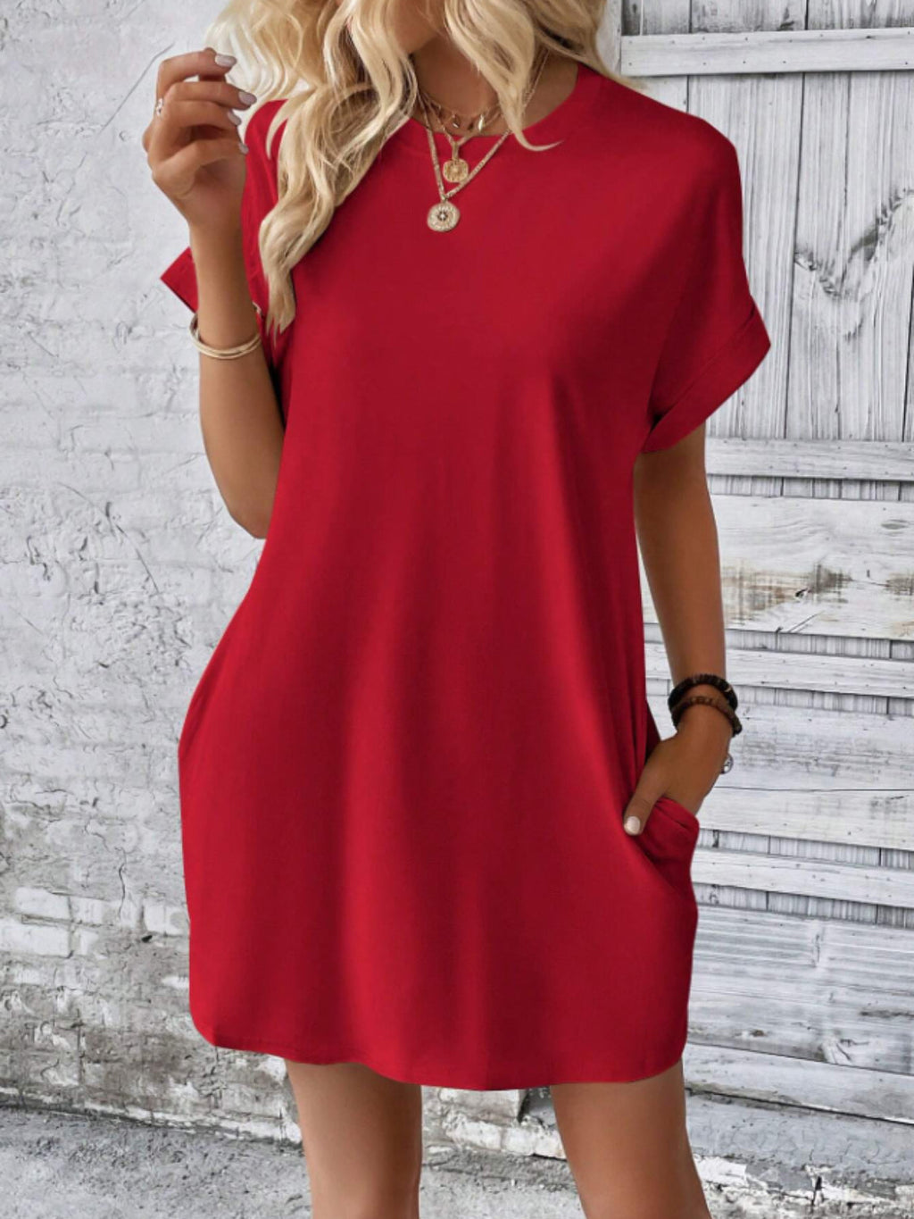 Round Neck Short Sleeve Mini Tee Dress with Pockets