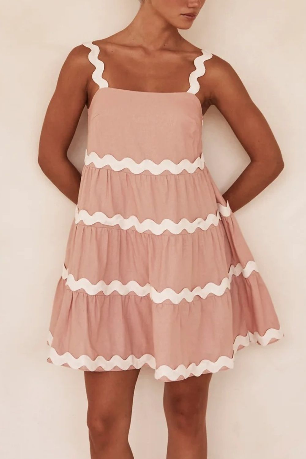 Contrast Trim Square Neck Tiered Dress