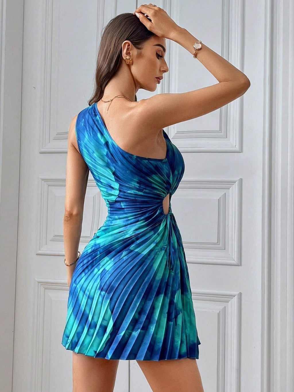 Cutout Drawstring Pleated Tie-Dye Sleeveless Mini Dress