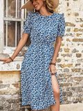 Perfee Floral Round Neck Split Midi Dress