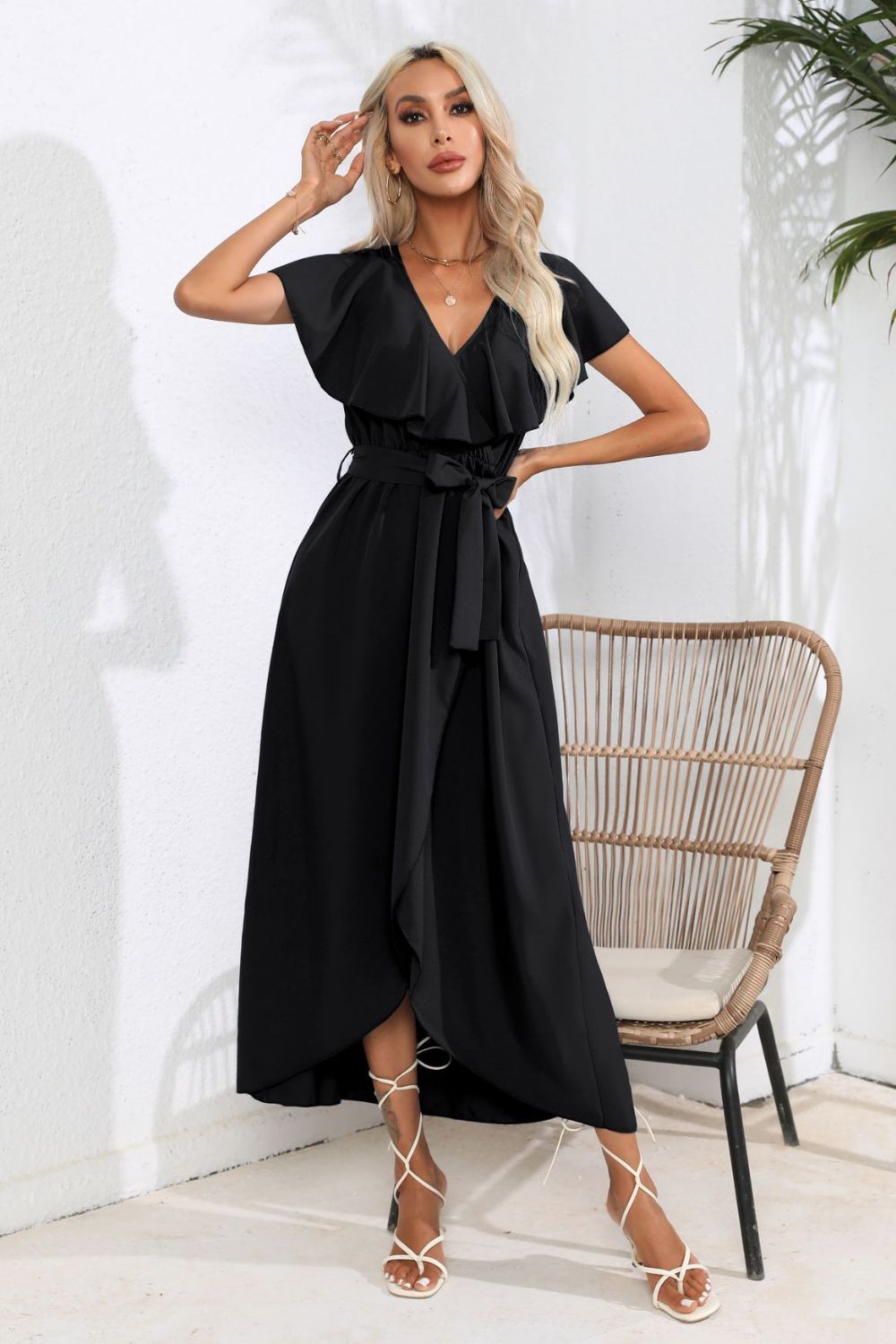 Tied Front Ruffled Short Sleeve Midi Dress