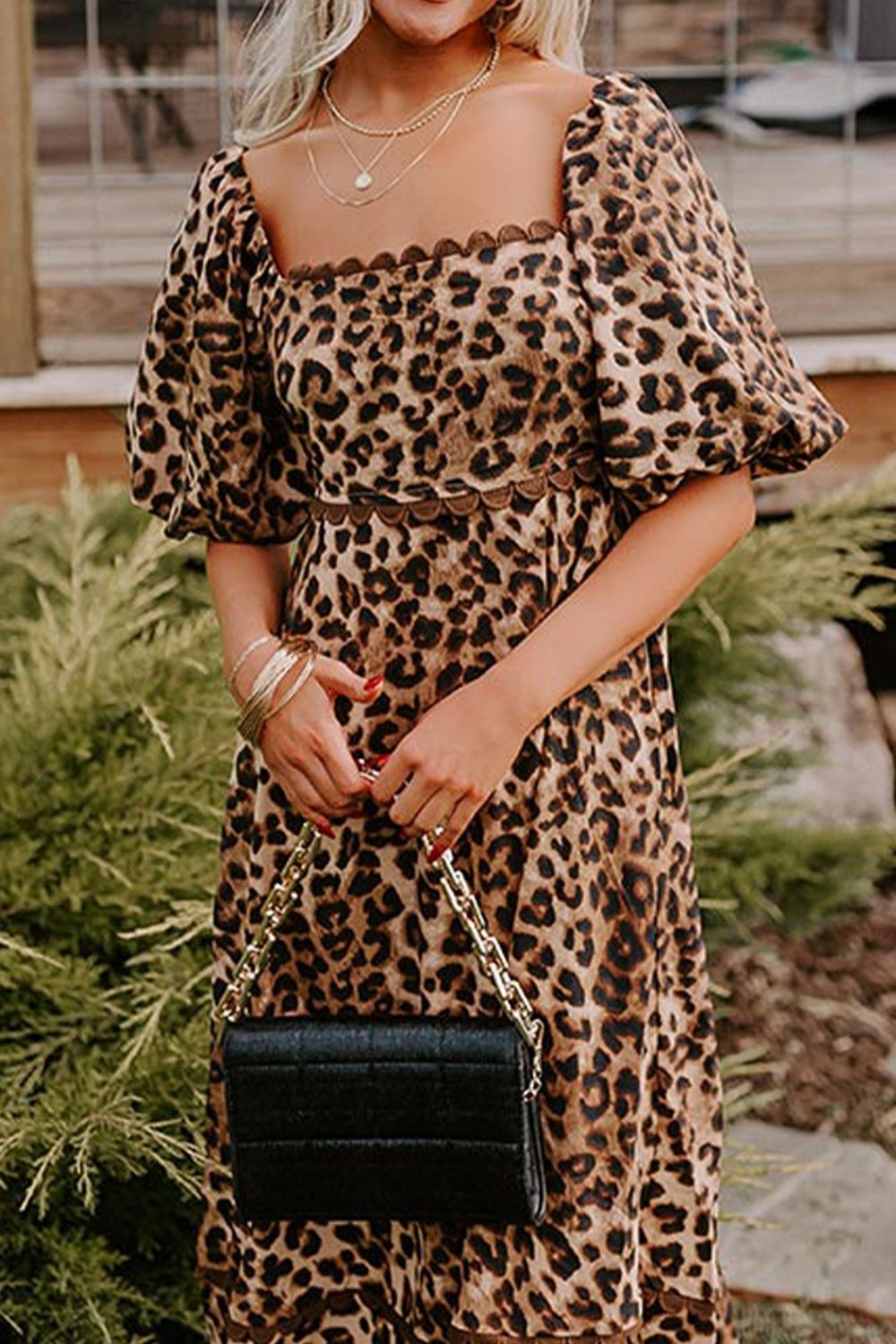 Leopard Square Neck Puff Sleeve Maxi Dress