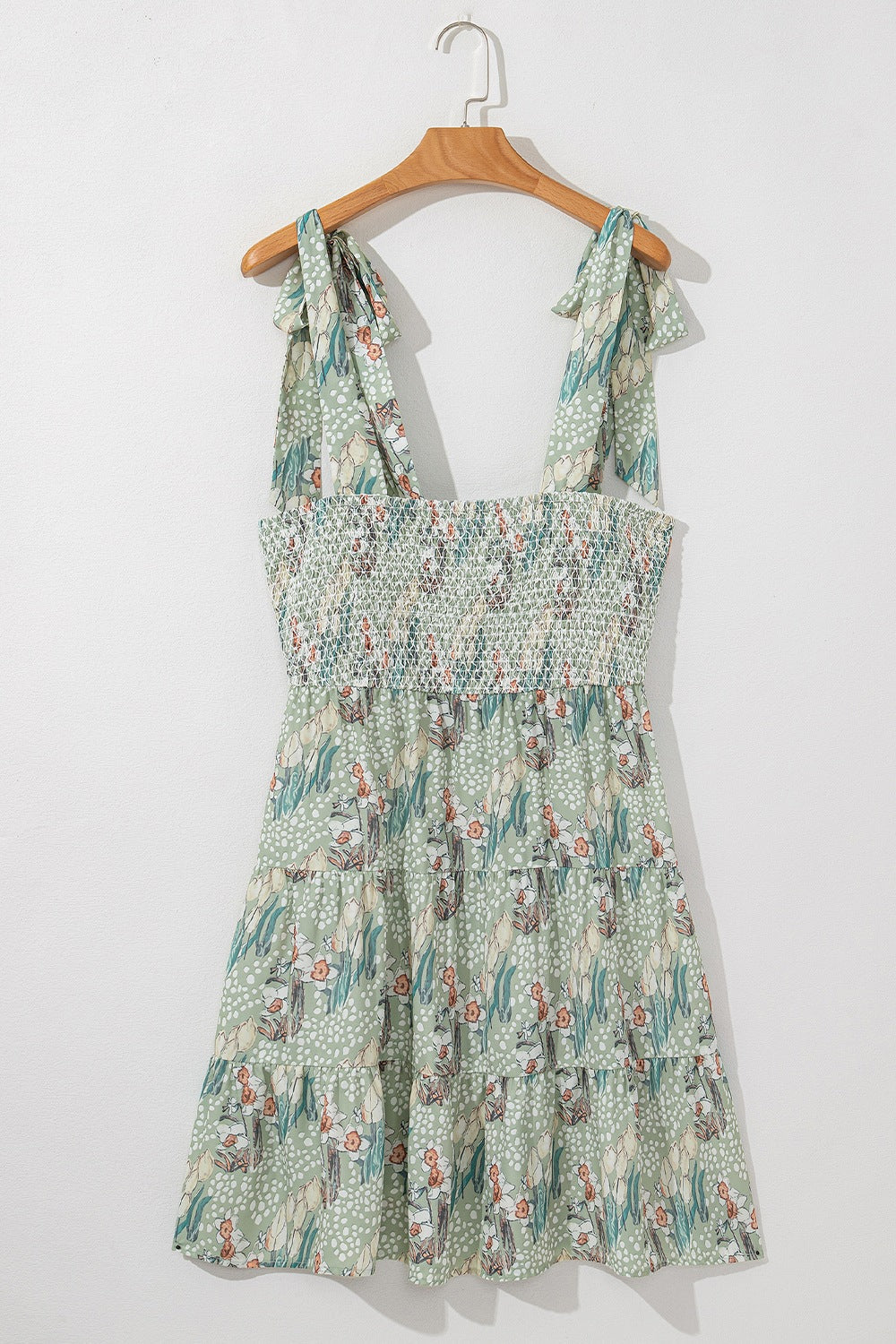 Smocked Printed Tie Shoulder Mini Cami Dress