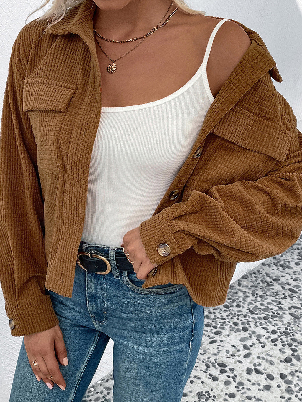 Perfee Collared Neck Button Front Jacket with Pockets