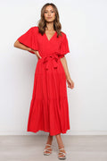 Front Tie Short Sleeve Tiered Midi Dress