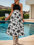 Perfee Backless Printed Halter Neck Midi Dress