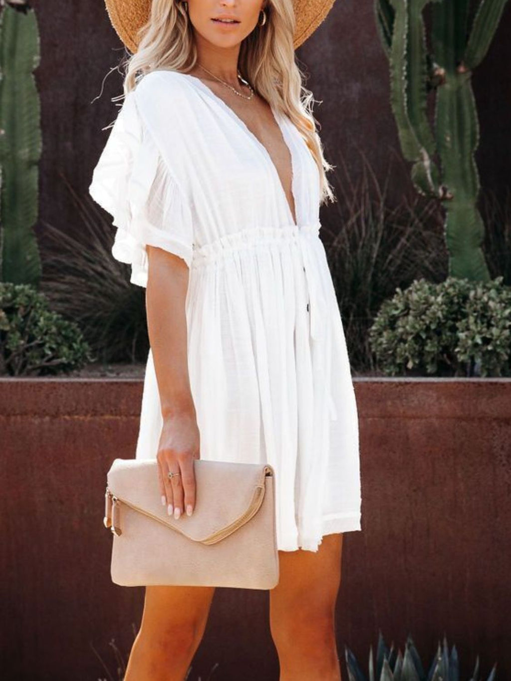 Drawstring Ruffled Half Sleeve Mini Dress
