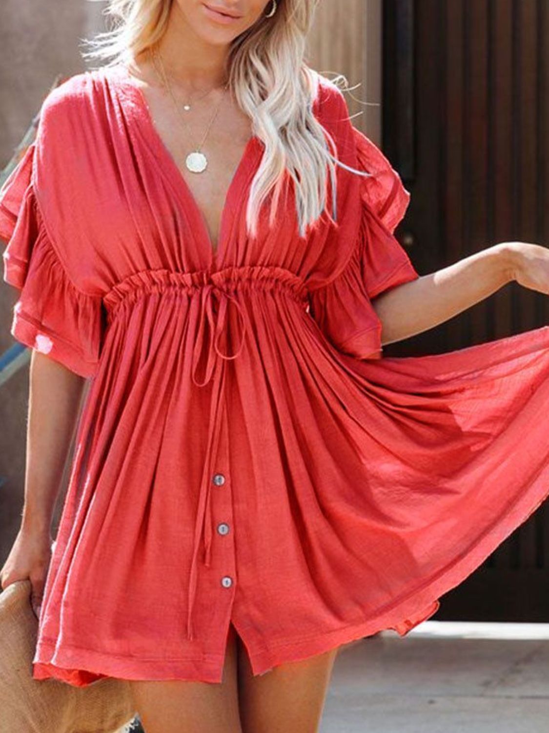 Drawstring Ruffled Half Sleeve Mini Dress