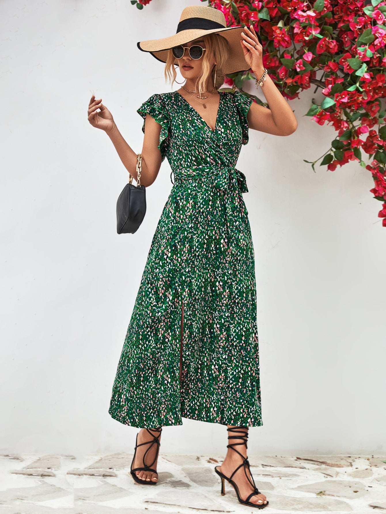 Printed Surplice Neck Flutter Sleeve Slit Dress