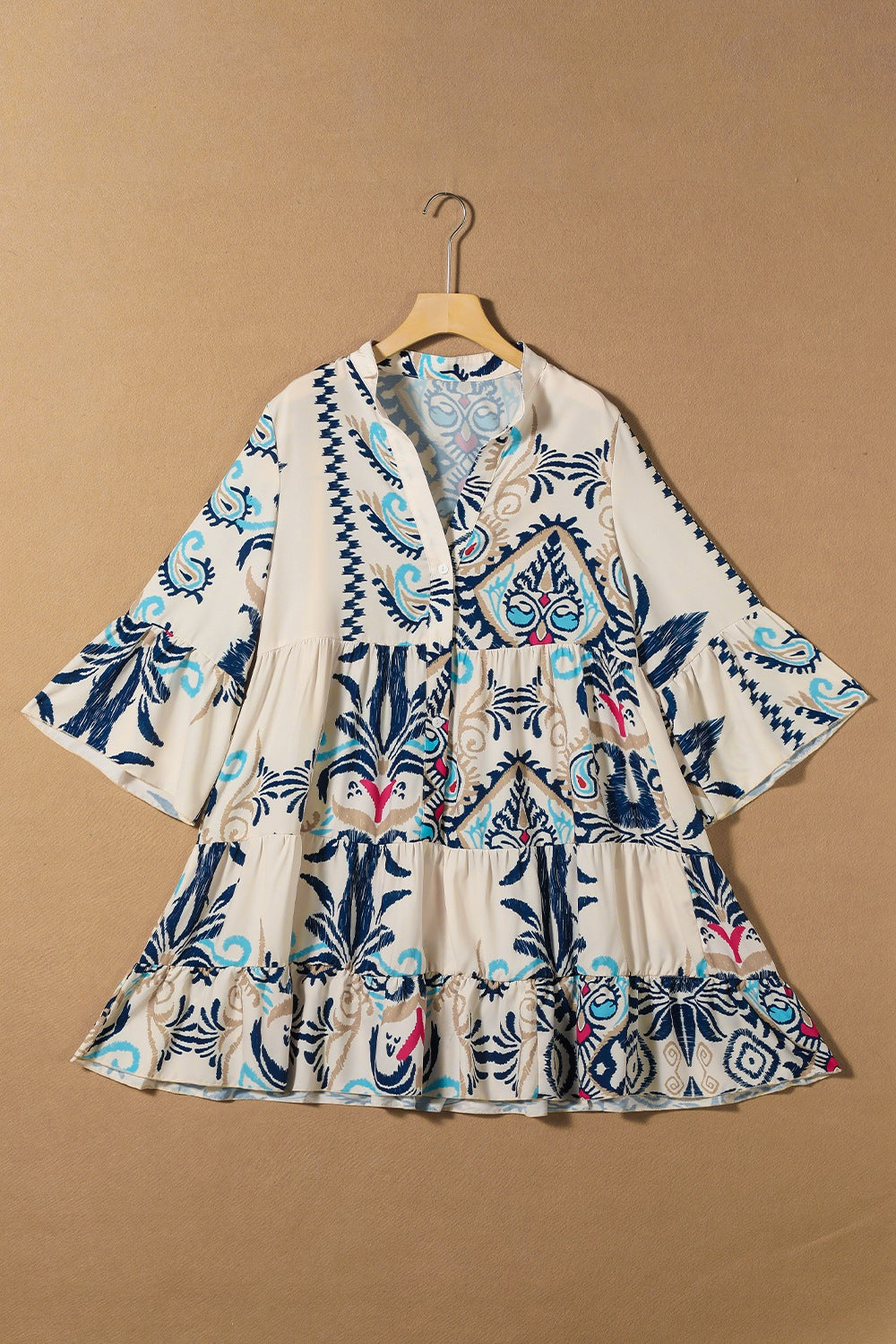 Printed Notched Three-Quarter Sleeve Mini Dress