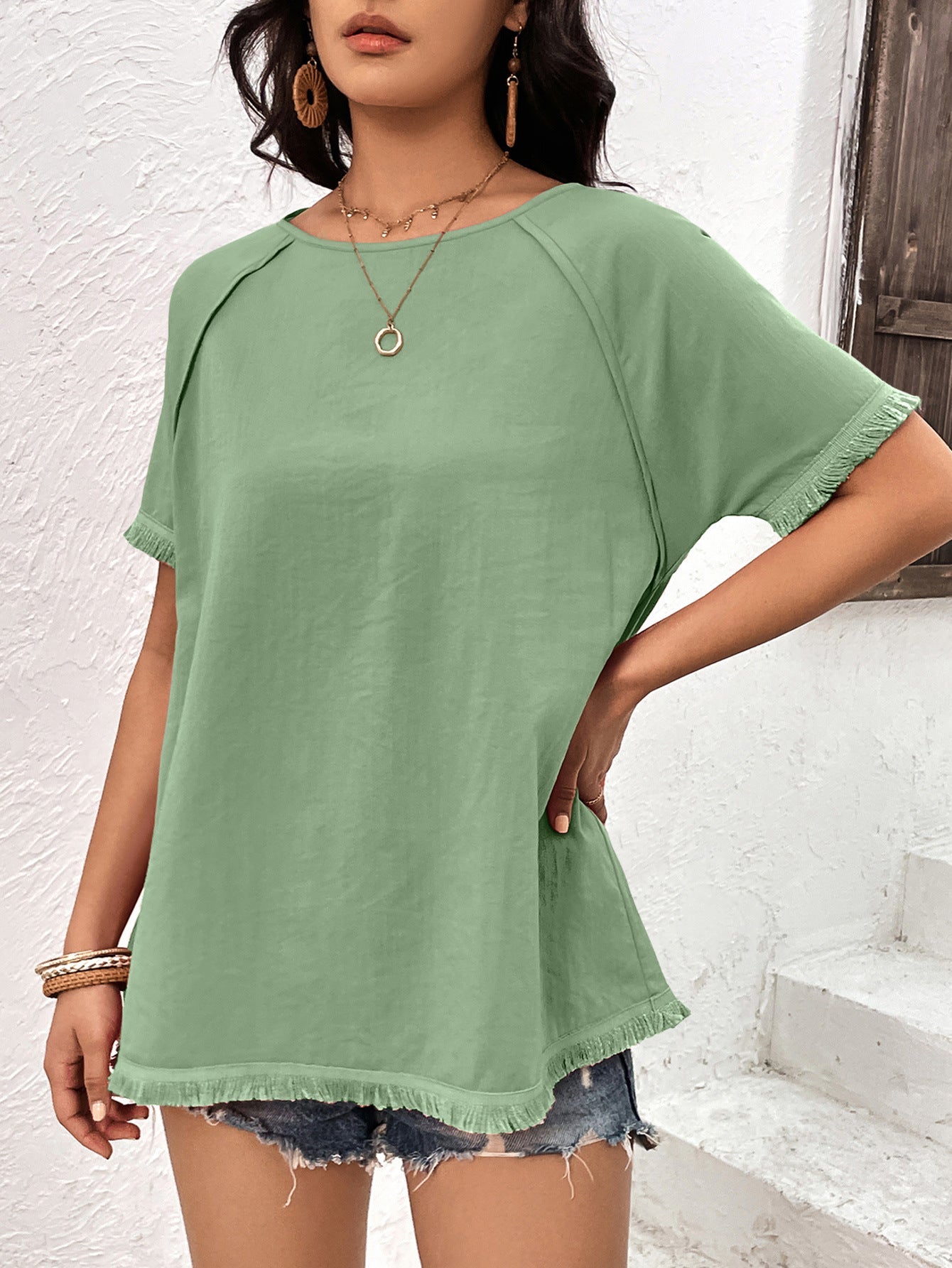 Ivy Lane Round Neck Raglan Sleeve Fringe Detail Top