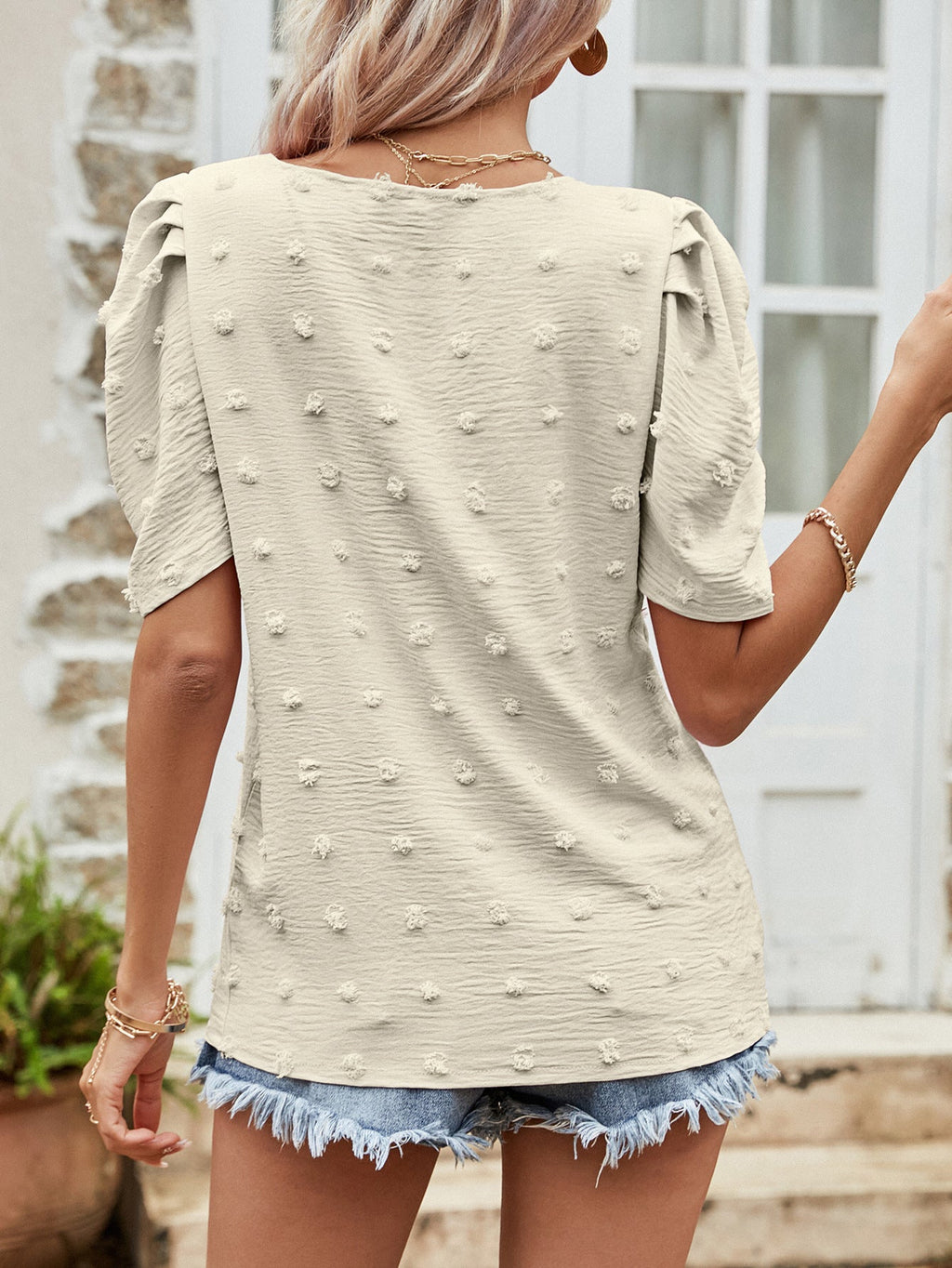 Swiss Dot Short Puff Sleeve Top