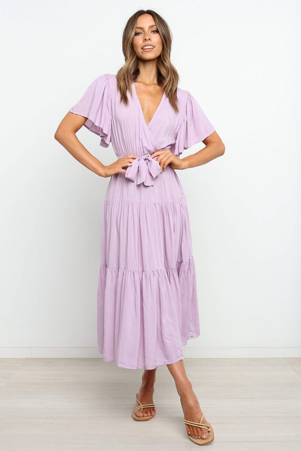Tied Back Tiered Short Sleeve Midi Dress
