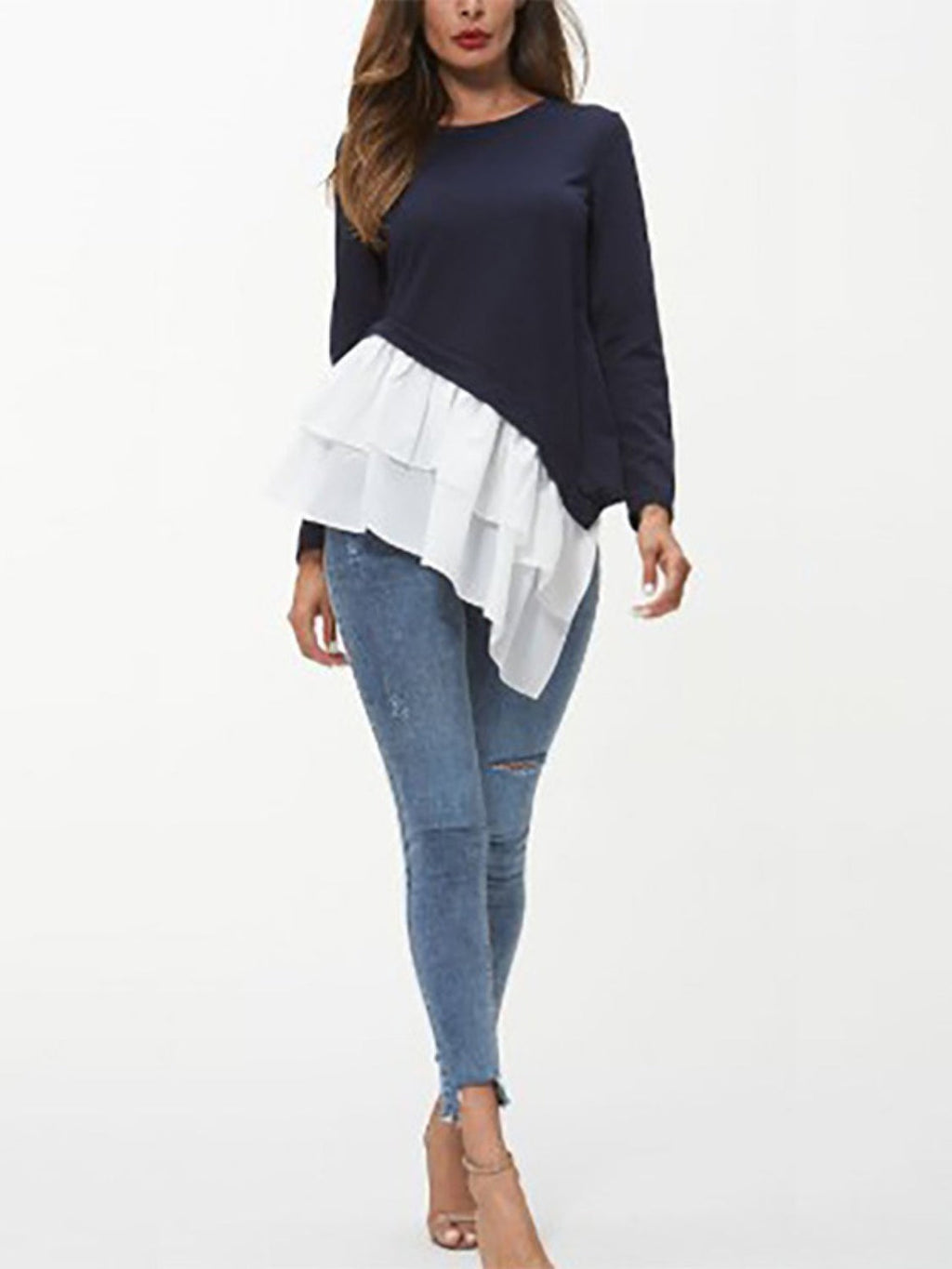Ivy Lane Tiered Contrast Round Neck Long Sleeve T-Shirt