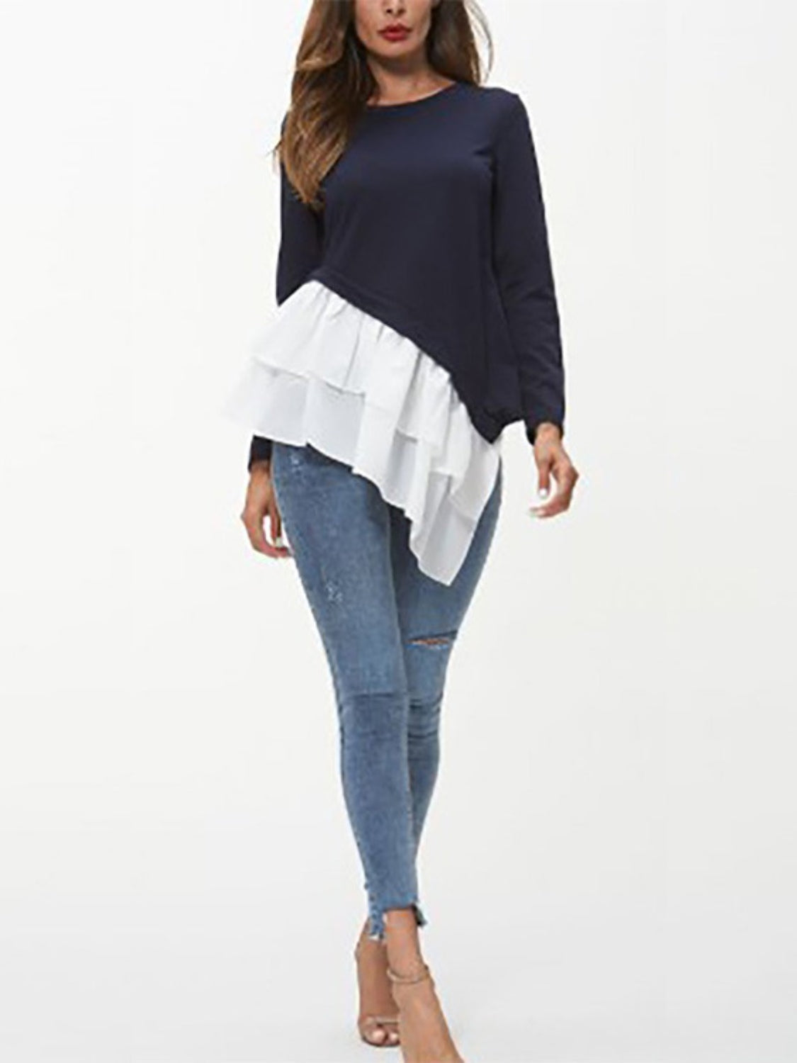 Ivy Lane Tiered Contrast Round Neck Long Sleeve T-Shirt
