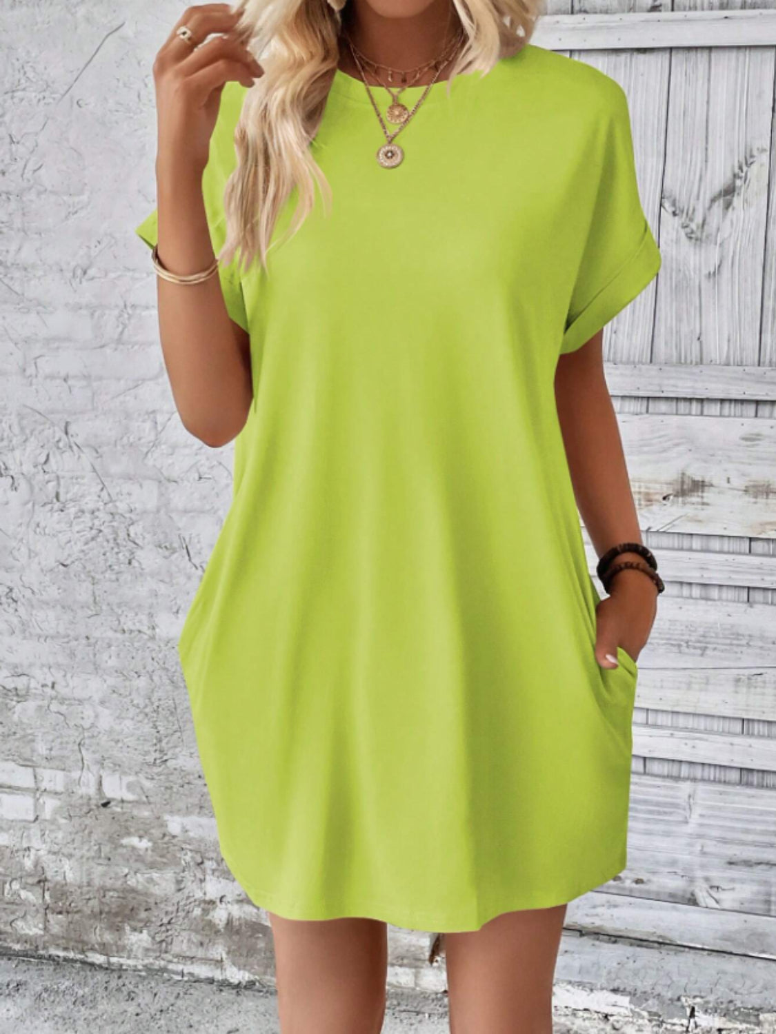 Round Neck Short Sleeve Mini Tee Dress with Pockets