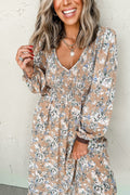 Printed V-Neck Long Sleeve Dress
