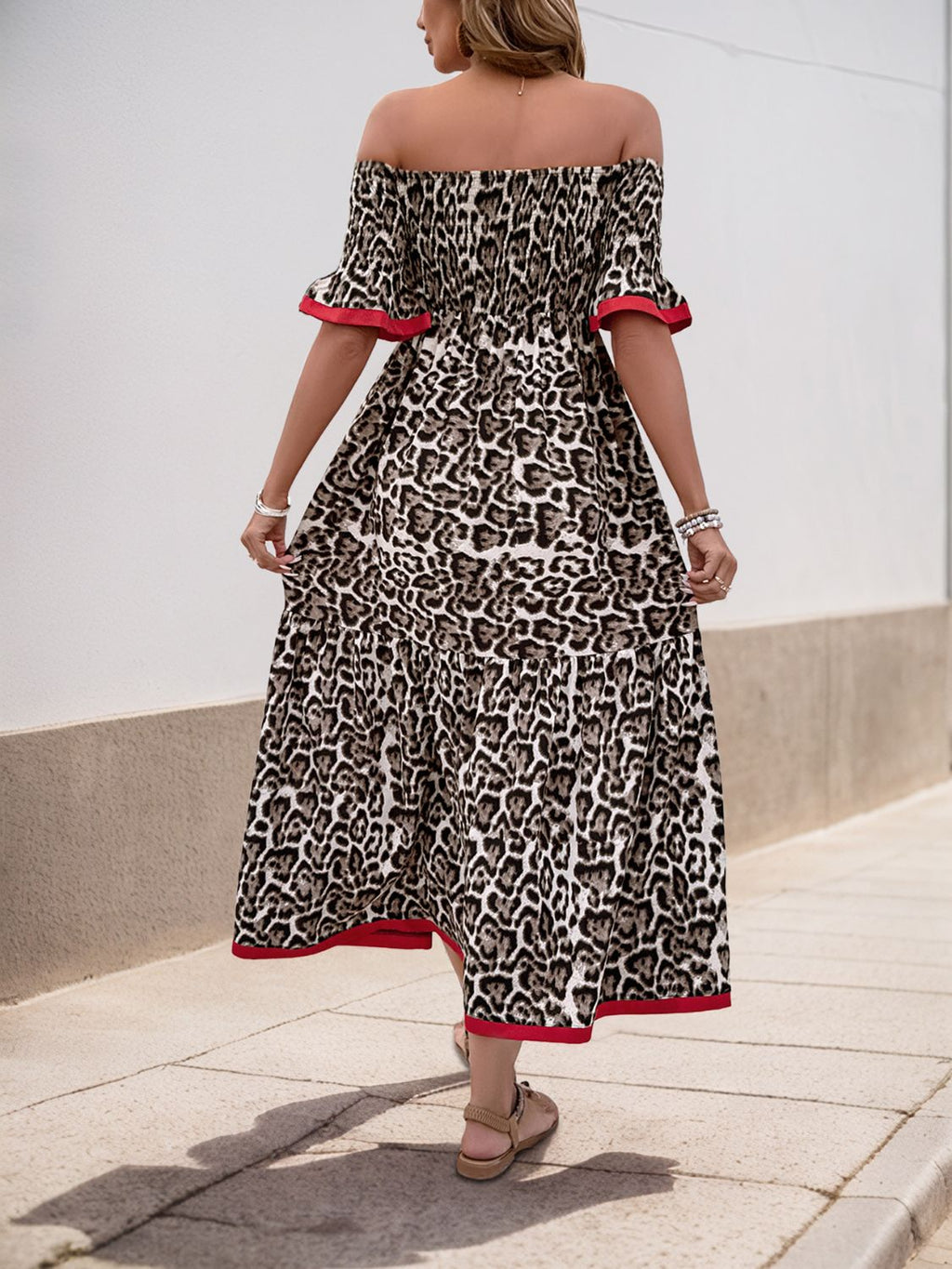 Perfee Leopard Off-Shoulder Flounce Sleeve Midi Dress