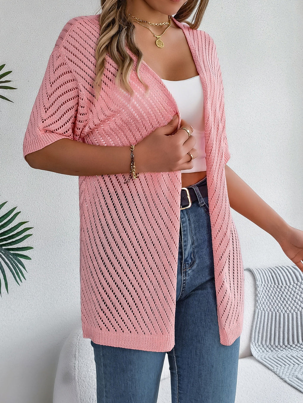 Openwork Open Front Half Sleeve Cardigan