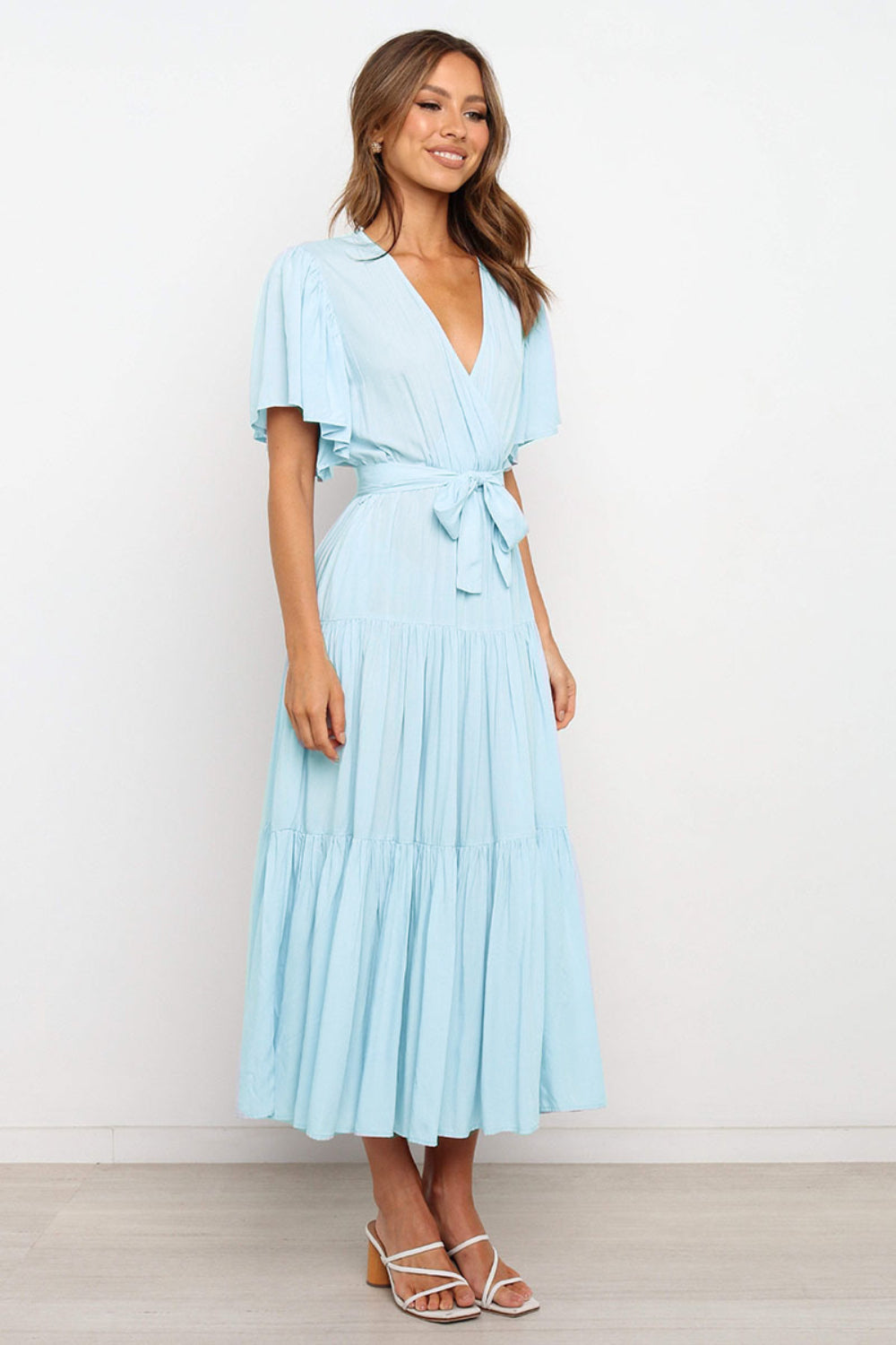 Tied Back Tiered Short Sleeve Midi Dress