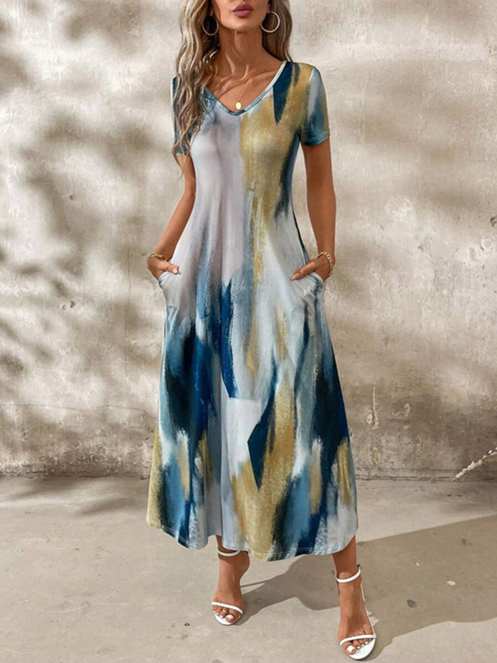 Tie-Dye V-Neck Short Sleeve Midi Tee Dress