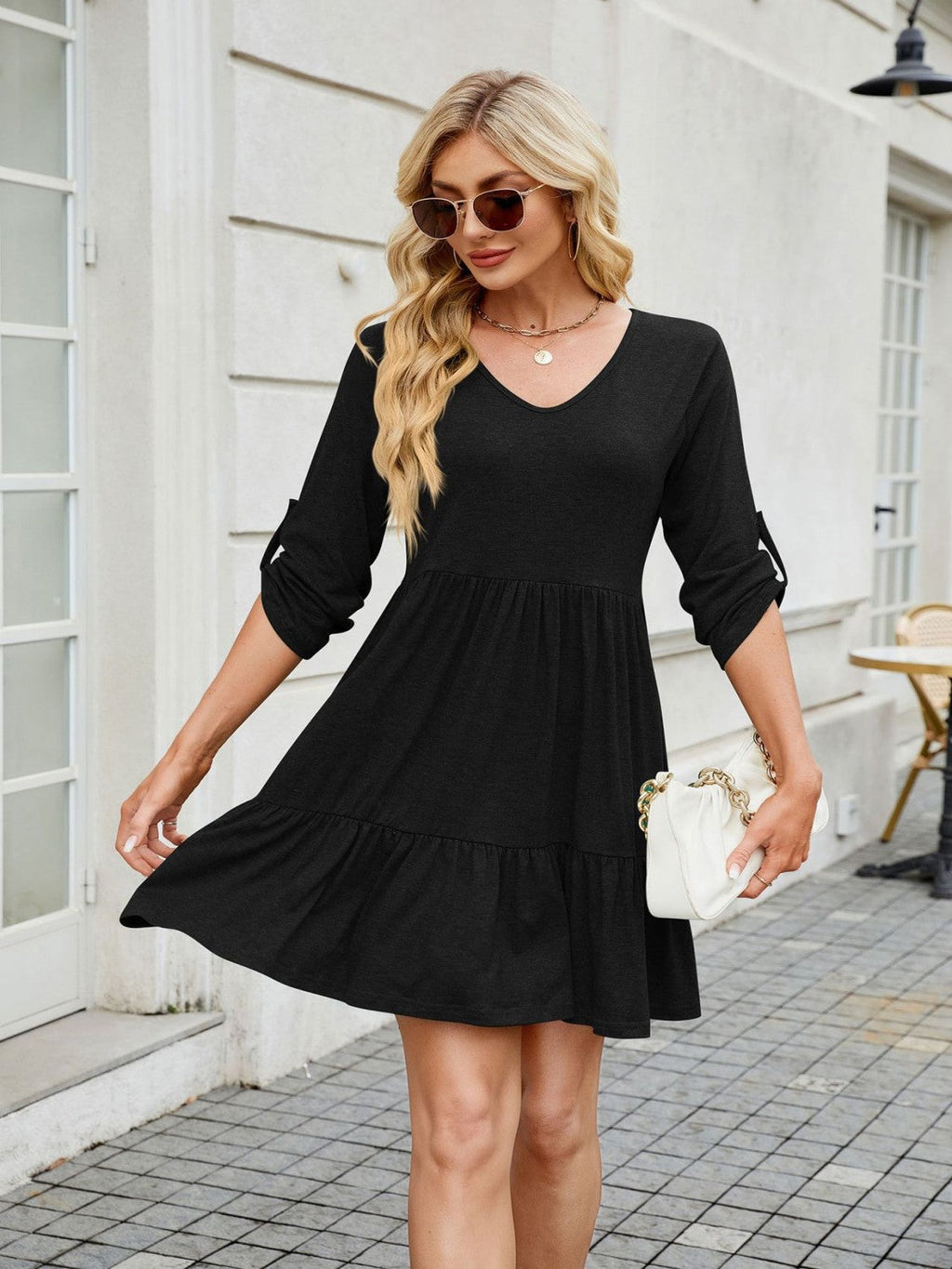 Tiered Ruched V-Neck Mini Dress