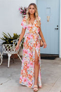 Printed Surplice Short Sleeve Tie Waist Maxi Dress