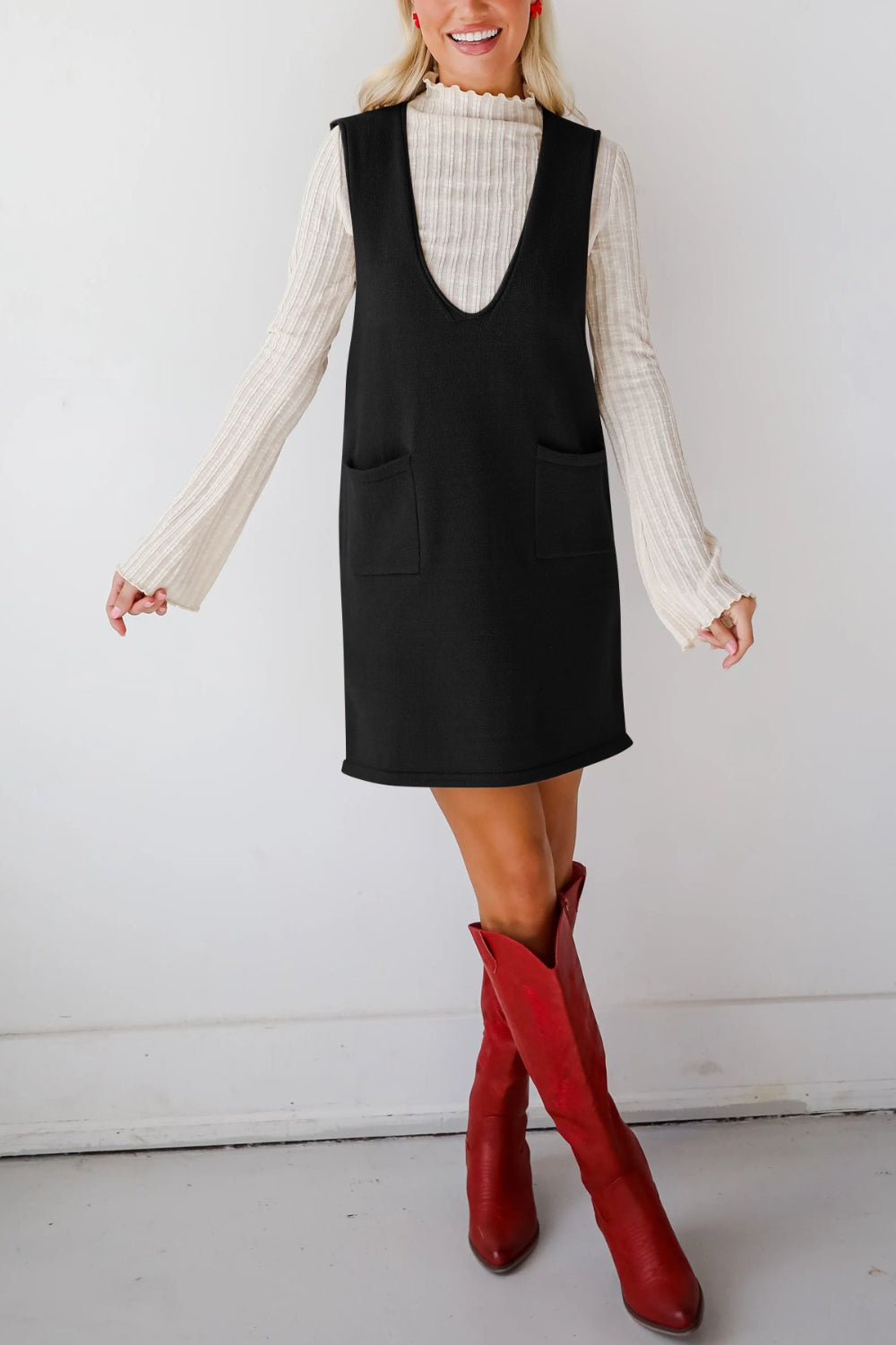 Lovelet Pocketed V-Neck Mini Sweater Overall Dress